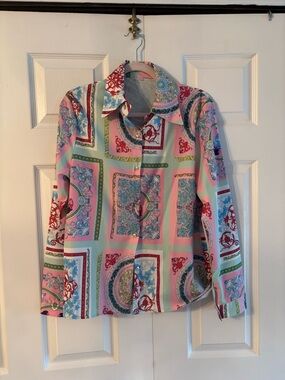 Patterned Long Sleeve Button-Up Shirt in Pink, Blue & Green